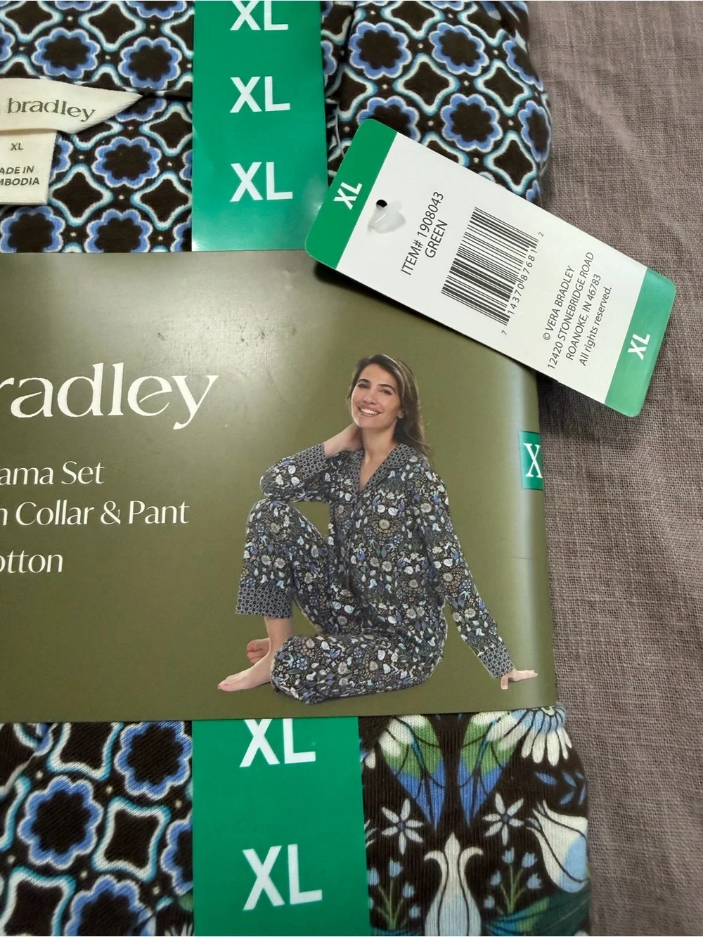 NWT Vera Bradley 2-Piece Pajama Set Blue Black Floral Size XL 100% Cotton Lounge - Picture 5 of 7